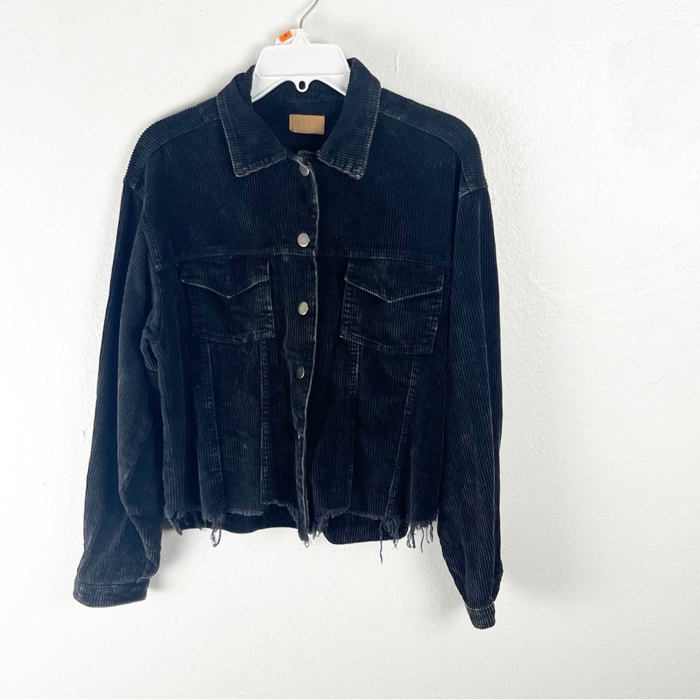 POL Black 100% Cotton Chest Pockets Frayed Hem Corduroy Trucker Jacket Small